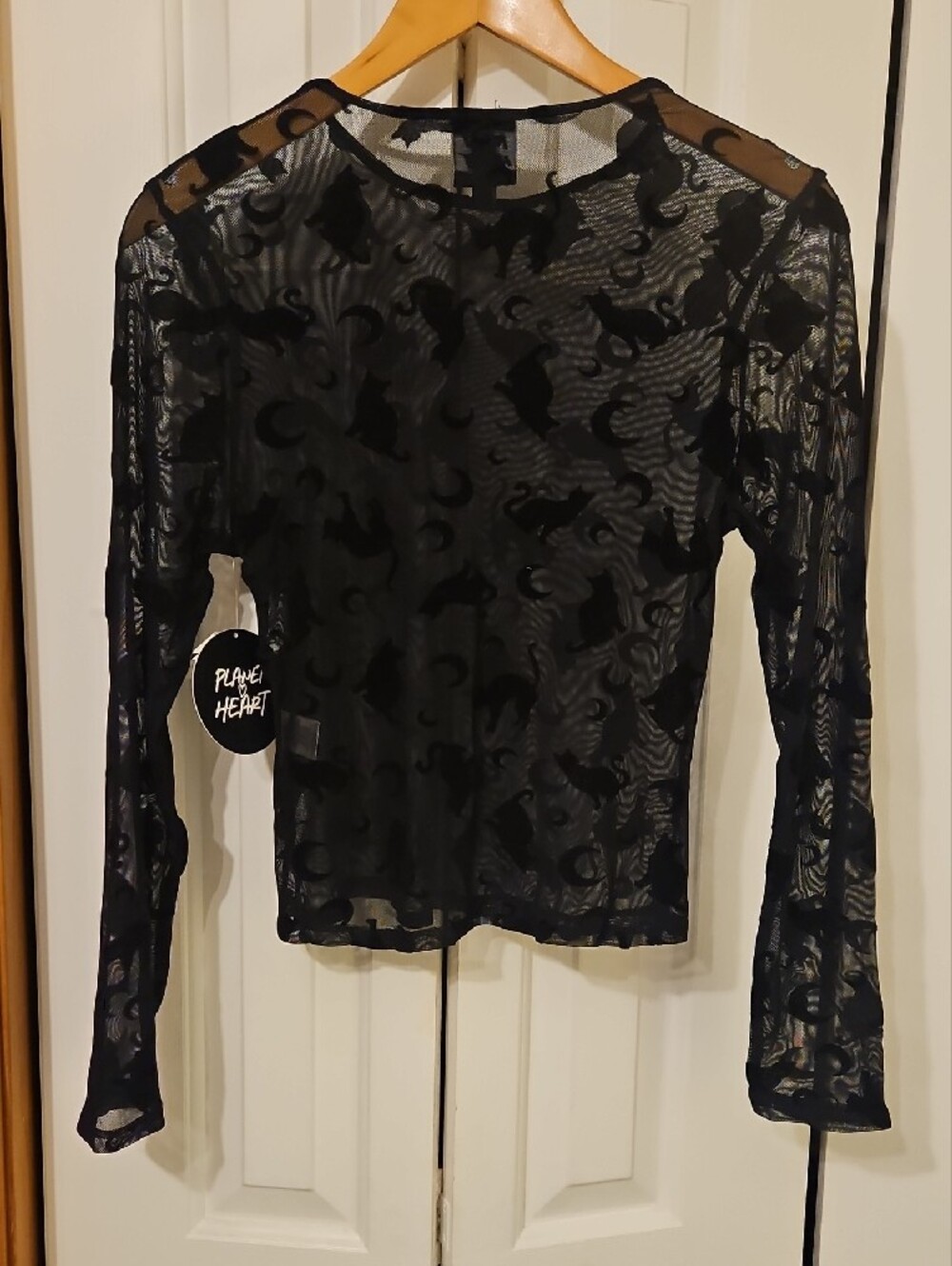 Planet Heart Black Sheer Mesh Cat Moon Celestial Long Sleeve Top - Picture 4 of 7